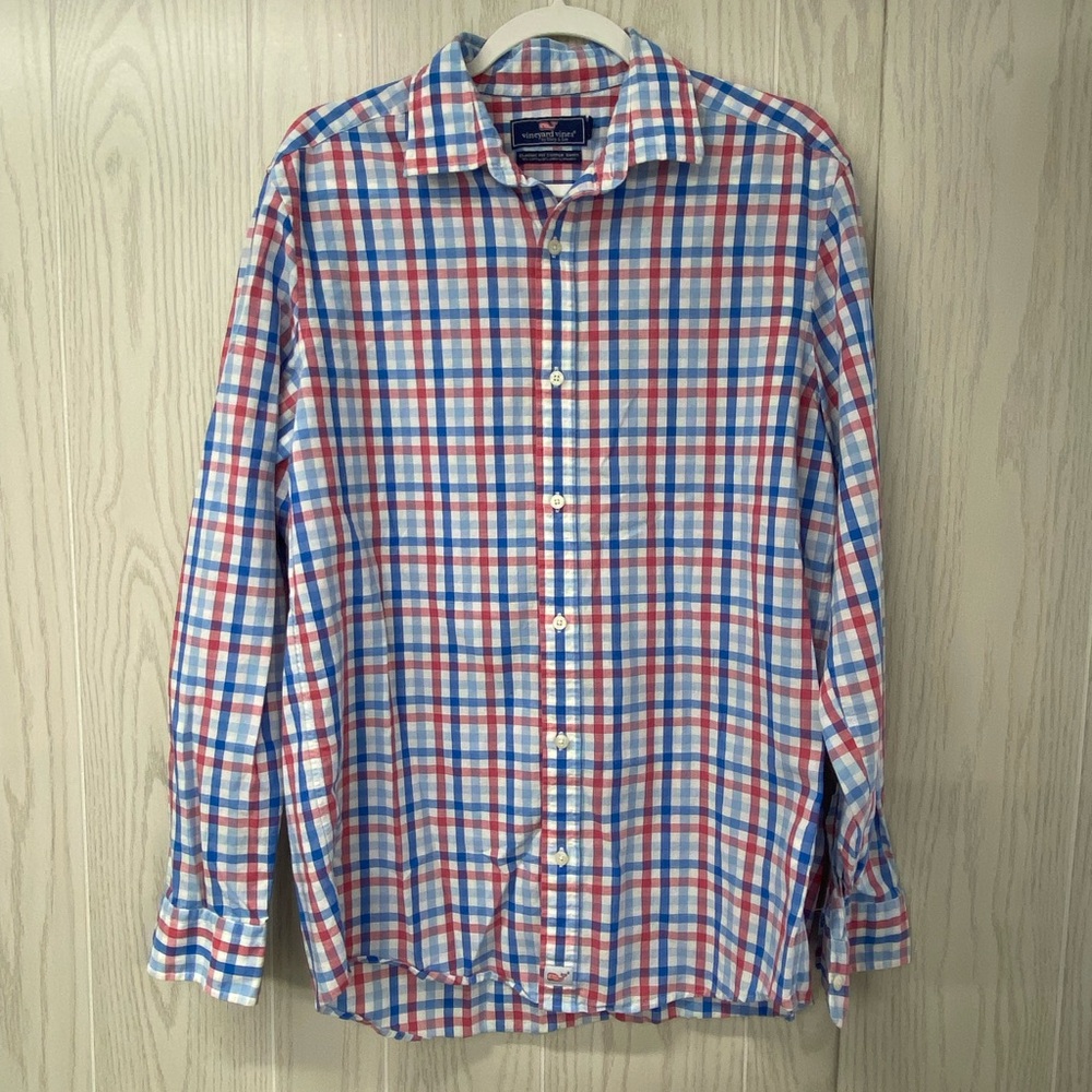 Vineyard Vines M Classic Fit Button Down Shirt Plaid Red White Blue Linen Shirt